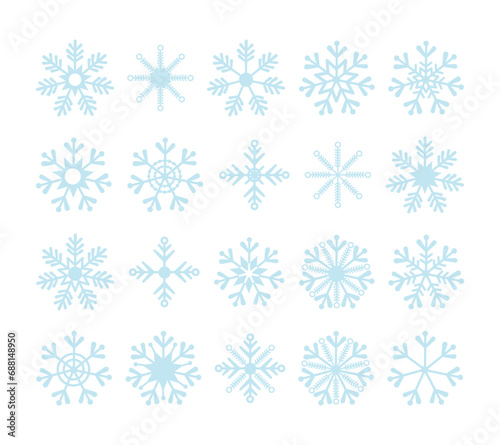 Different shapes of snowflakes, set of snow crystals. Winter elements for Christmas and New Year decoration, meteorological symbols. Vector illustration.