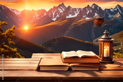 a weathered wooden table set against a mountainous backdrop during sunset, adorned with antique books and a flickering lantern