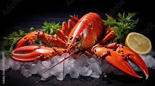 Enjoy a seafood feast that includes lemon and fresh boston lobster on the ice.
