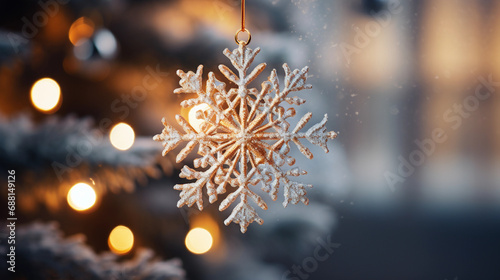 Festive Snowflake Ornament on Christmas Tree Highlighting Elegance and Celebration