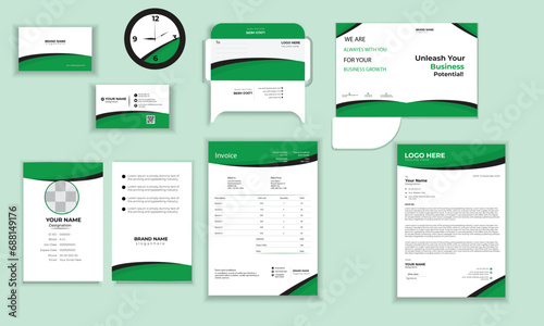 Stationery Identity Pack. green and white  corporate identity design template set with gray stripes background.  minimal design, eps. 

