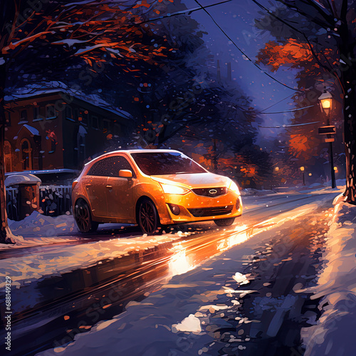 A car driving down a snowy street at night. Generative AI