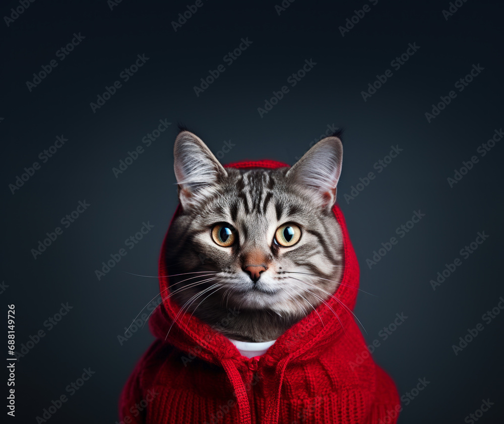 Portrait of a cat in a red sweater on a dark background. Portrait of a cat in a red sweater on a dark background.