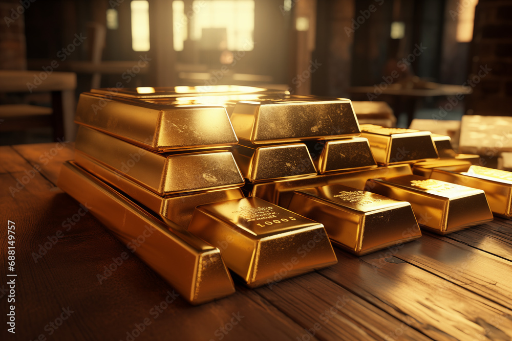 Gold bullion bar on a table. Saving. Gold. Business. Investment. Gold bullion bar on a table. Saving. Gold. Business. Investment.