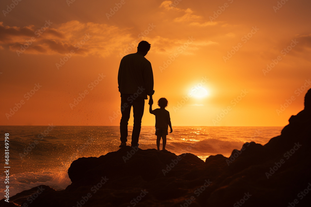 Ocean landscape during sunset with father and son looking into the distance