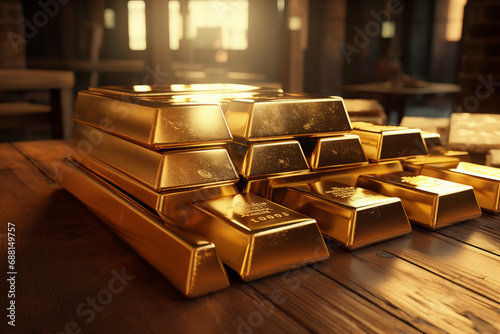 Gold bullion bar on a table. Saving. Gold. Business. Investment. photo