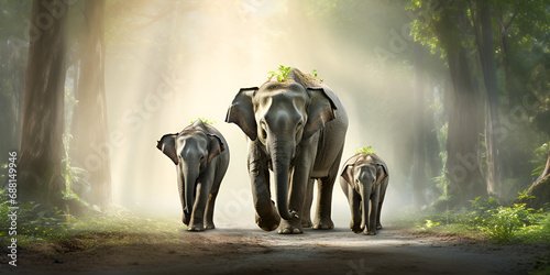 Animal. Thai elephants in the forest.large elephant herd walking in wilderness area  An elephant in the jungle background Elephant in the green forest. Generative Ai.