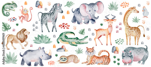 Jangle animals on isolated background. Watercolor clipart of savanna beasts and plant elements. The mammals zebra and elephant are hand drawn. Children safari design for stickers and wall decor. photo
