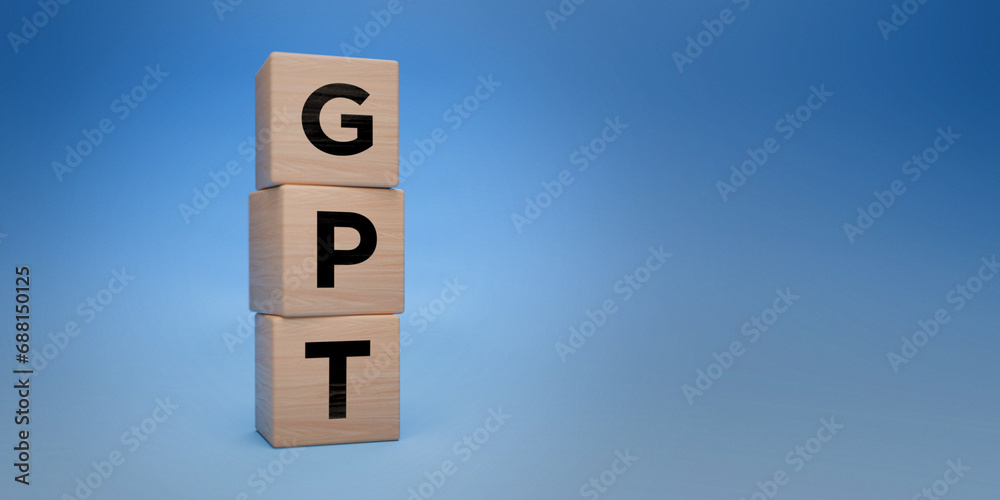 Wooden blocks with GPT acronym, Generative Pre-trained Transformer concept, advanced NLP and AI, blue background with space for text, deep learning and language processing technology concept Wooden blocks with GPT acronym, Generative Pre-trained Transformer concept, advanced NLP and AI, blue background with space for text, deep learning and language processing technology concept
