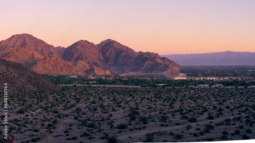 Dramatic sunrise over La Quinta desert mountains 