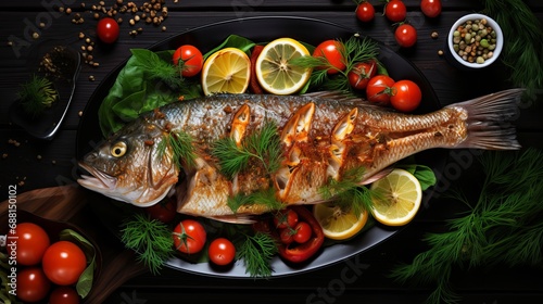 A wooden table is displayed with fried carp and a fresh vegetable salad in a flat lay top view.