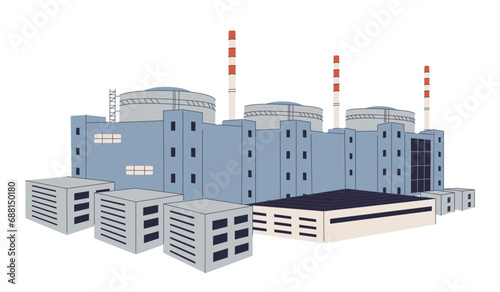 Nuclear power plant with towers, energy generators. Electric station building, powerhouse. Electricity generation.