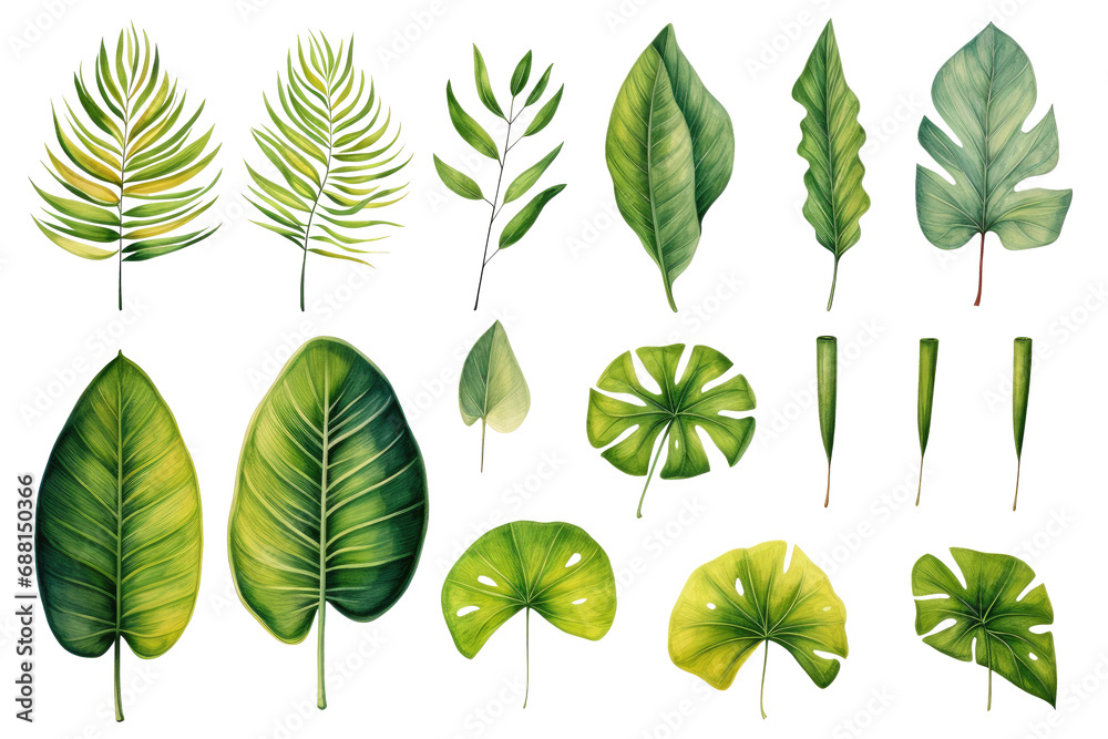 Set of Watercolor Tropical spring green leaves elements set isolated on transparent background, bouquets greeting or wedding card invitation, decoration clip art mock up.