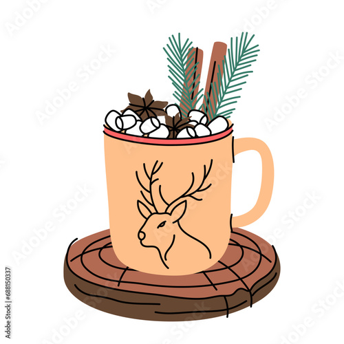 Hot chocolate or cocoa with marshmallows in yellow mug with snowflake. Christmas drink vector illustration isolated