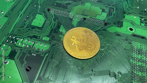 Gold bitcoin coin on a green motherboard textolite with electrically conductive circuits, concept of cryptocurrency. Bitcoin cryptomonets mining, the concept cryptography, halving. Proof of work photo