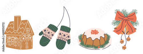 Cozy winter holiday set of Christmas design elements. Cute hygge retro wearing, Xmas ornament, gifts, candles.