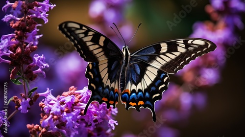 A butterfly resting on purple flowers with a close-up shot. © Shabnam