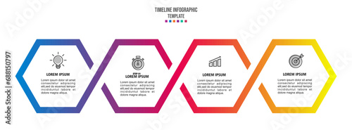 Business process. Timeline infographic with 4 options, hexagons. Vector 