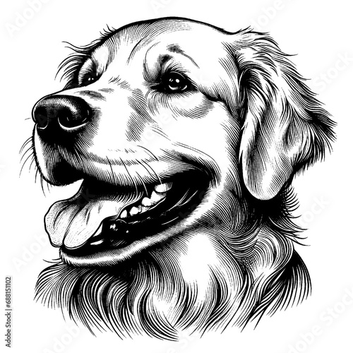 Happy Golden Retriever portrait. Hand Drawn Pen and Ink. Vector Isolated in White. Engraving vintage style illustration for print, tattoo, t-shirt, sticker