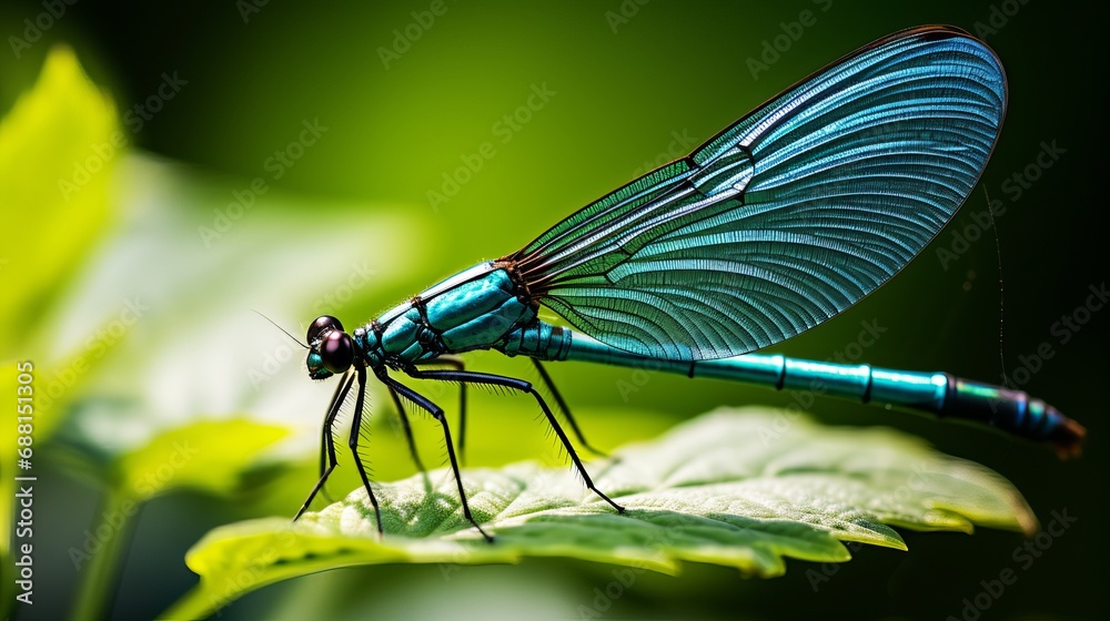 A close-up shot of an insect with blue netwings sitting on a leaf. A close-up shot of an insect with blue netwings sitting on a leaf.
