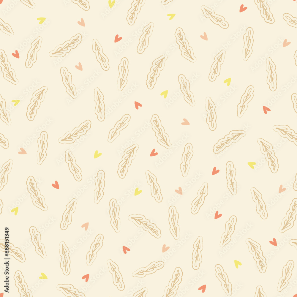 Cute pattern of heart and leaves drawings in pastel neutral color palette. Vector seamless pattern design for textile, fashion, paper, packaging, wrapping and branding Cute pattern of heart and leaves drawings in pastel neutral color palette. Vector seamless pattern design for textile, fashion, paper, packaging, wrapping and branding