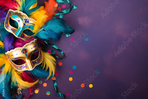 Colorful carnival flat lay with carnival masks with feathers, confetti and copy space on violet background © Firn