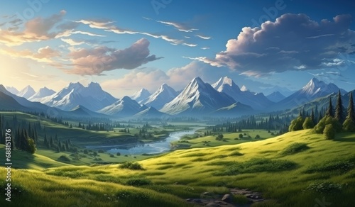 beautiful view of the mountains and grass at the sunset,