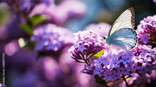 A close-up view of a butterfly resting on a gorgeous purple flower.