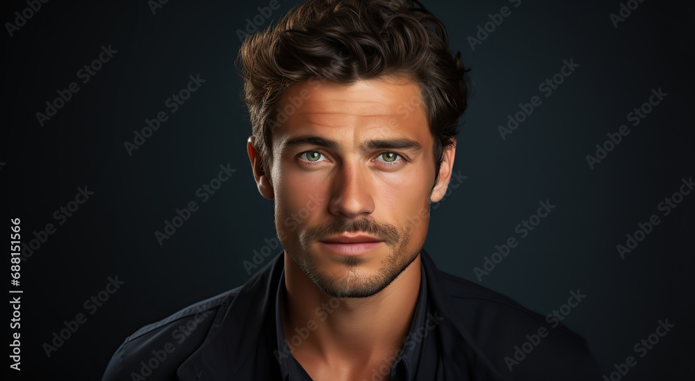 Portrait of a young flirty man with black shirt. Handsome man with green eyes. Skin care beauty, skincare cosmetics. Isolated over black background. Portrait of a young flirty man with black shirt. Handsome man with green eyes. Skin care beauty, skincare cosmetics. Isolated over black background.