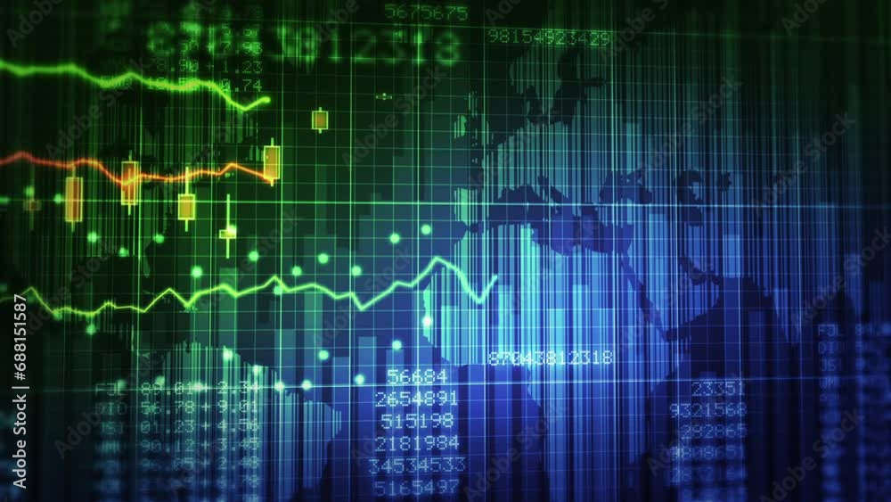 Growing Business Line Chart with Digital Technology Elements. Business Development Concept Animation. Stock Numbers Showing Profits and Losses Over Time. Technology Background. Growing Business Line Chart with Digital Technology Elements. Business Development Concept Animation. Stock Numbers Showing Profits and Losses Over Time. Technology Background.