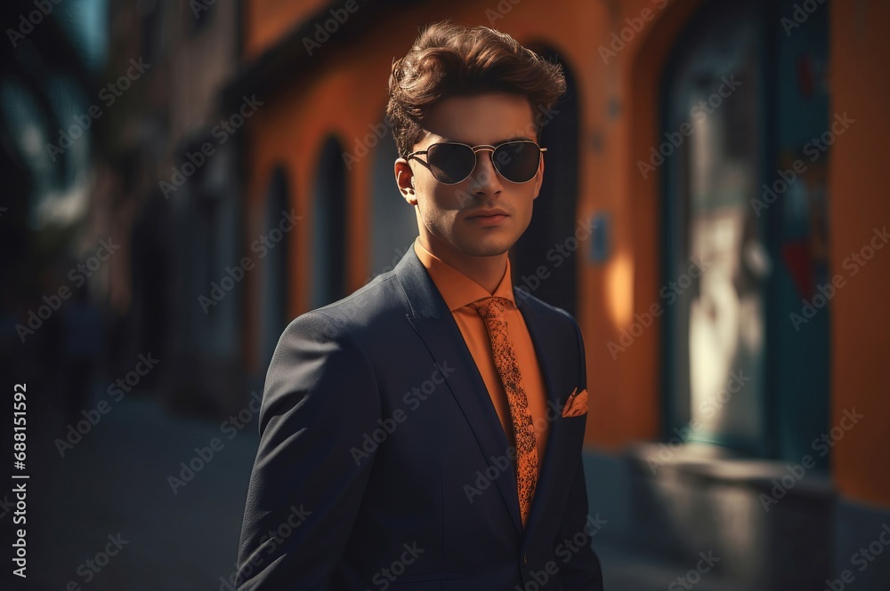 Cool young guy suit street photo. Stylish confident person formal adult. Generate Ai Cool young guy suit street photo. Stylish confident person formal adult. Generate Ai
