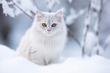 White cat with long fur and golden eyes in snow landscape