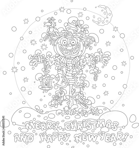 Merry Christmas and happy New Year card with a funny scarecrow on a snowy winter night, black and white vector cartoon illustration for a coloring book