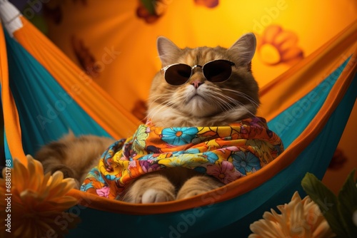 cat in a hammock laying on the yellow background with sunglasses on,