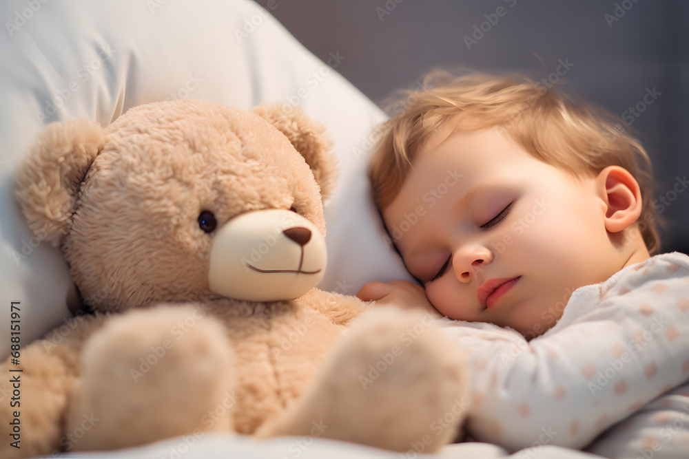 Young boy toddler sleeping with teddy bear