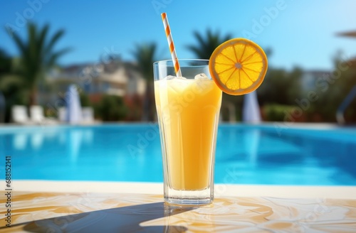 cocktail of lemon juice on a ledge near a swimming pool 