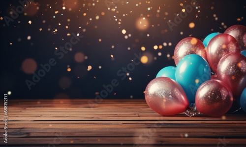 colorful balloons and confetti flying over wooden background,