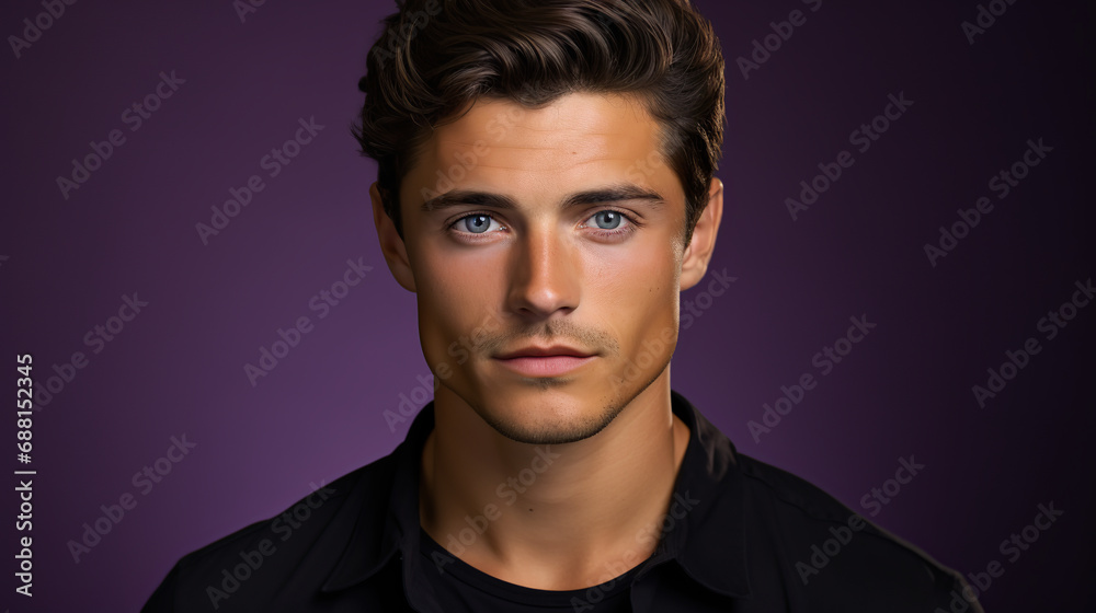 Portrait of a young flirty man with black shirt. Handsome man with green eyes. Skin care beauty, skincare cosmetics. Isolated over purple background. Portrait of a young flirty man with black shirt. Handsome man with green eyes. Skin care beauty, skincare cosmetics. Isolated over purple background.