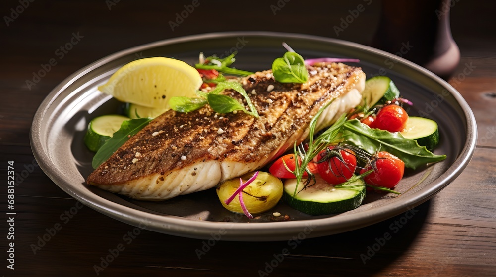 The meal consisted of grilled fish, vegetable salad, onion, and sumac sprinkles. The meal consisted of grilled fish, vegetable salad, onion, and sumac sprinkles.