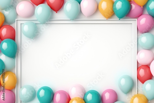 colorful balloons arranged in a frame on a wooden background,