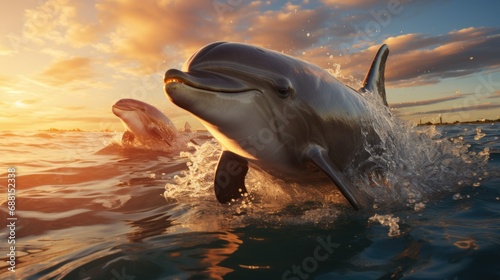 Close-up of two beautiful dolphins swimming gracefully in the blue water of the ocean against the backdrop of a magnificent sunset. Marine wildlife concept. © Eugenia