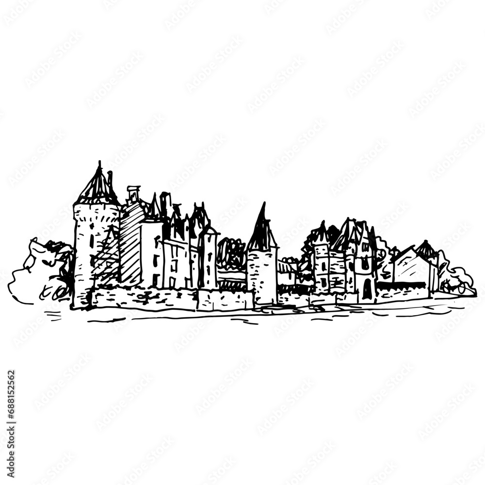 The Château de Montpoupon in France. View of medieval French castle. Hand drawn linear doodle rough sketch. Black and white silhouette.