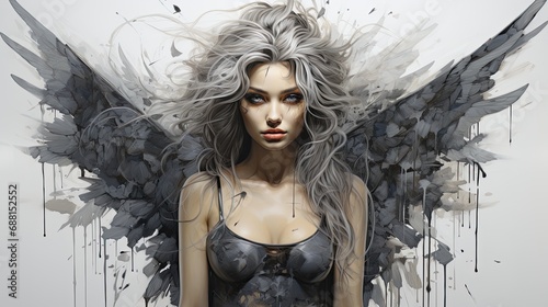 Abstract illustration of a fairy woman with outstretched wings in the style of photorealistic drawings in dark gray and white, meticulous realism, broken soul, fantasy, goodness concept. photo