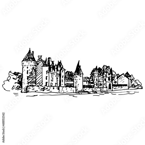 The Château de Montpoupon in France. View of medieval French castle. Hand drawn linear doodle rough sketch. Black and white silhouette.