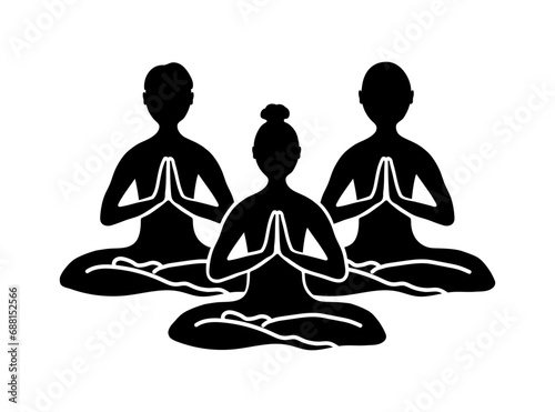 Human's silhouettes sitting in lotus position, hands in namaste mudra. Meditating symbol isolated on white background. Vector illustration