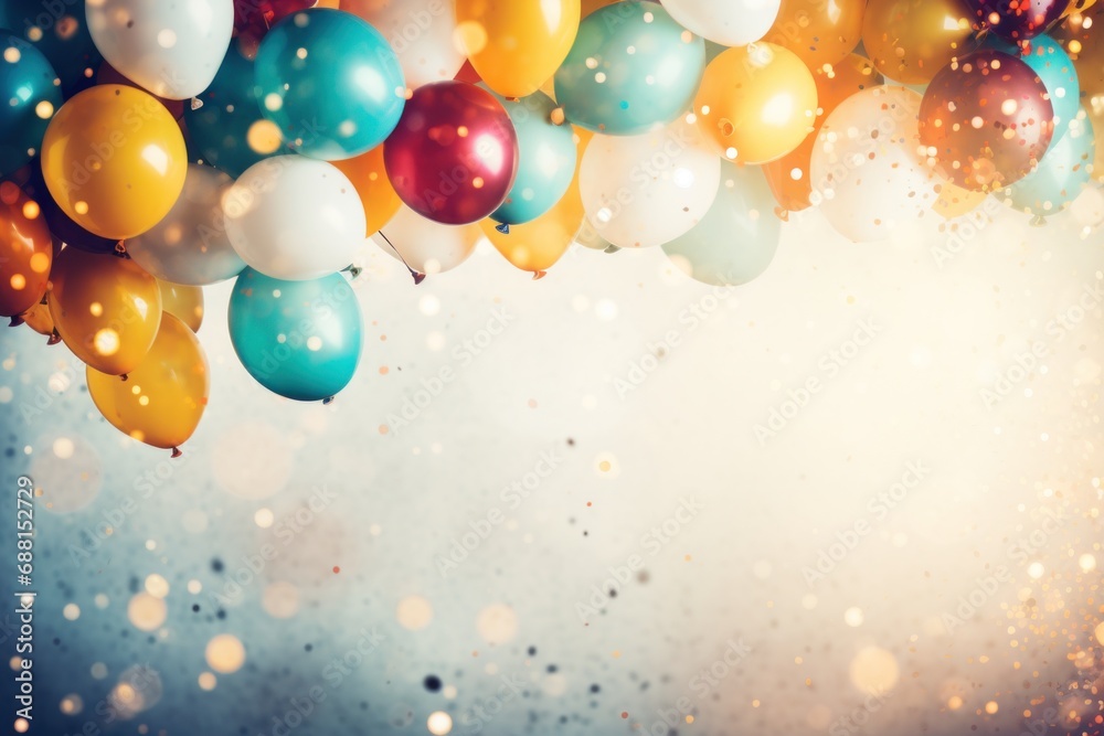 colorful party background with confetti, balloons and ribbons,