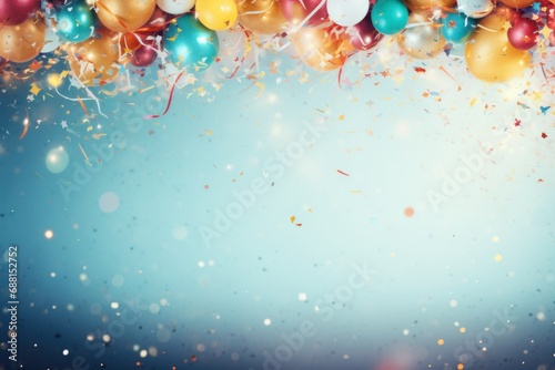 colorful party background with confetti, balloons and ribbons, photo