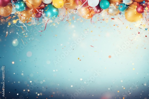 colorful party background with confetti, balloons and ribbons,