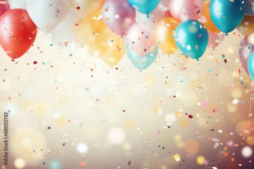 colorful party background with confetti, balloons and ribbons, photo