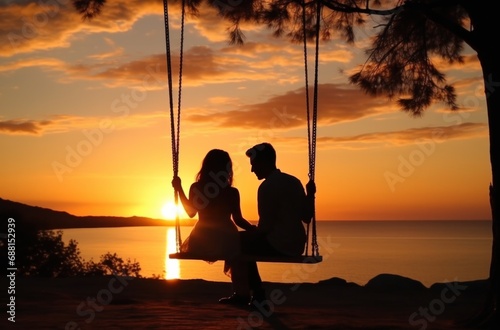 couple in swing on the beach with the sun behind them 